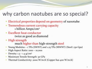 why carbon naotubes are so special?
 Electrical properties depend on geometry of nanotube
 Tremendous current carrying capacity
1 billion Amps/cm2
 Excellent heat conductor
twice as good as diamond
 High strength
much higher than high-strength steel
 Young Modulus ~ 1 TPa (SWNT) and 1.25 TPa (MWNT) (Steel: 230 Gpa)
 High Aspect Ratio: 1000 – 10,000
 Density: 1.3 – 1.4 g/cm3
 Maximum Tensile Strength: 30 GPa
 Thermal Conductivity: 2000 W/m.K (Copper has 400 W/m.K)
3
 