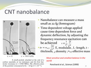 CNT nanobalance
 Nanobalance can measure a mass
small as 22 fg (femtogram)
 Time dependent voltage applied
cause time dependent force and
dynamic deflection, by adjusting the
frequency resonance excitation can
be achieved
 E, modulaus , L -length, t -
thickness, desnsity , effective mass
Most sensitive and smallest balance in the
world
Poncharal et al., Science (1999) 31
 