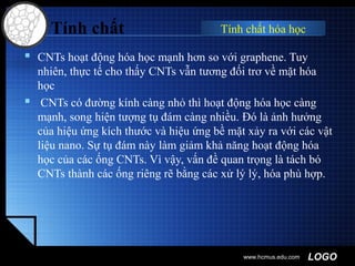 LOGO
 CNTs hoạt động hóa học mạnh hơn so với graphene. Tuy
nhiên, thực tế cho thấy CNTs vẫn tương đối trơ về mặt hóa
học
 CNTs có đường kính càng nhỏ thì hoạt động hóa học càng
mạnh, song hiện tượng tụ đám càng nhiều. Đó là ảnh hưởng
của hiệu ứng kích thước và hiệu ứng bề mặt xảy ra với các vật
liệu nano. Sự tụ đám này làm giảm khả năng hoạt động hóa
học của các ống CNTs. Vì vậy, vấn đề quan trọng là tách bó
CNTs thành các ống riêng rẽ bằng các xử lý lý, hóa phù hợp.
www.hcmus.edu.com
Tính chất Tính chất hóa học
 