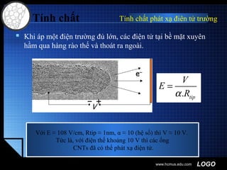 LOGO
 Khi áp một điện trường đủ lớn, các điện tử tại bề mặt xuyên
hầm qua hàng rào thế và thoát ra ngoài.
www.hcmus.edu.com
Tính chất Tính chất phát xạ điên tử trường
. tip
V
E
Rα
=
Với E ≈ 108 V/cm, Rtip ≈ 1nm, α ≈ 10 (hệ số) thì V ≈ 10 V.
Tức là, với điện thế khoảng 10 V thì các ống
CNTs đã có thể phát xạ điện tử.
 