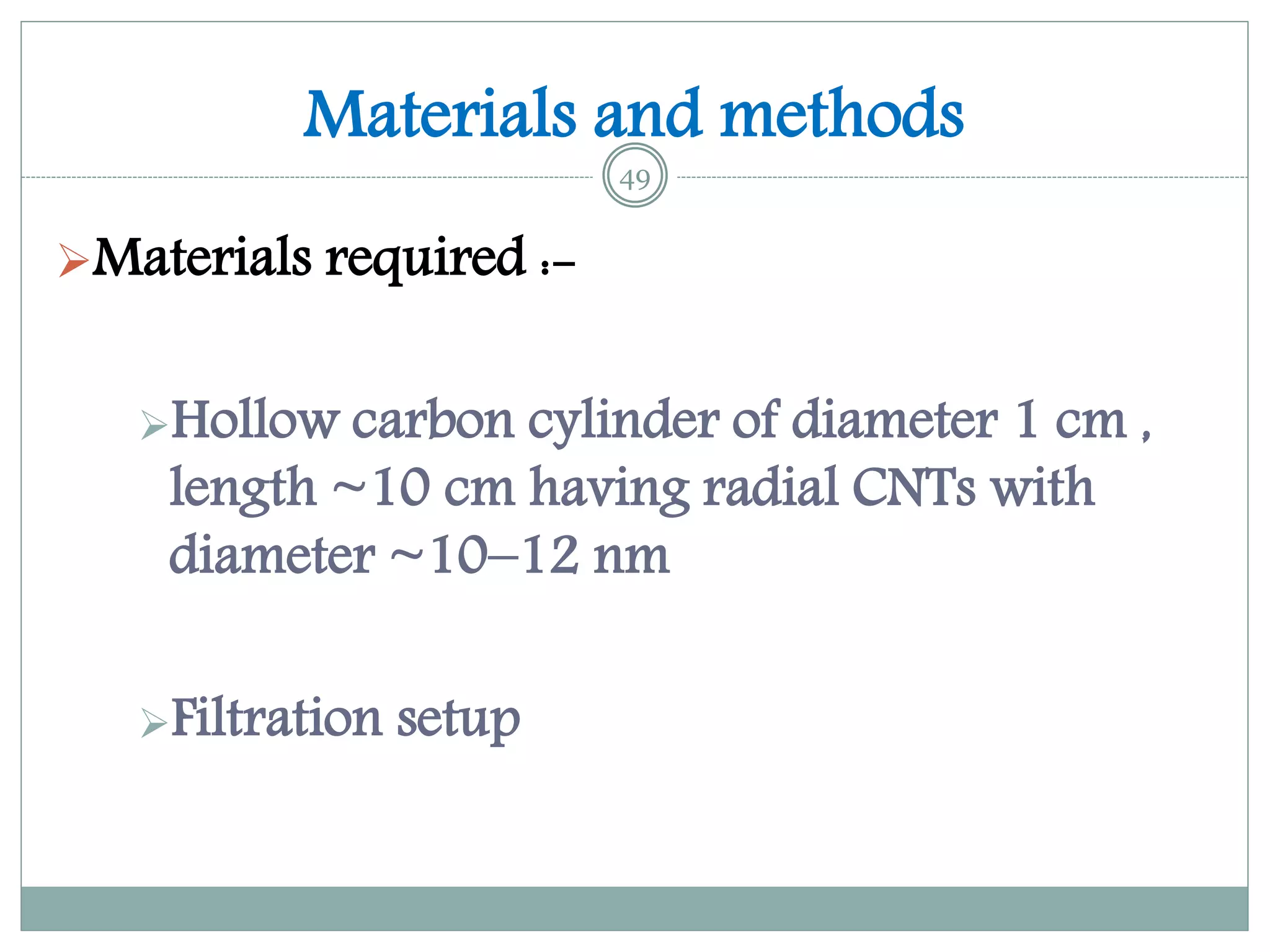 Materials and methods
Materials required :-
Hollow carbon cylinder of diameter 1 cm ,
length ~10 cm having radial CNTs with
diameter ~10–12 nm
Filtration setup
49
 