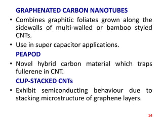 •
•
•

•

GRAPHENATED CARBON NANOTUBES
Combines graphitic foliates grown along the
sidewalls of multi-walled or bamboo styled
CNTs.
Use in super capacitor applications.
PEAPOD
Novel hybrid carbon material which traps
fullerene in CNT.
CUP-STACKED CNTs
Exhibit semiconducting behaviour due to
stacking microstructure of graphene layers.
14

 