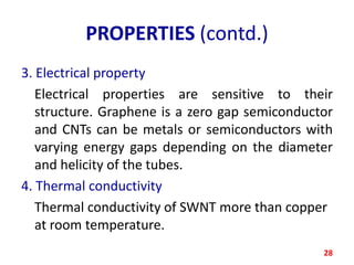 PROPERTIES (contd.)
3. Electrical property
Electrical properties are sensitive to their
structure. Graphene is a zero gap semiconductor
and CNTs can be metals or semiconductors with
varying energy gaps depending on the diameter
and helicity of the tubes.
4. Thermal conductivity
Thermal conductivity of SWNT more than copper
at room temperature.
28

 