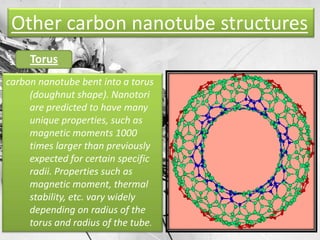 Other carbon nanotube structures
     Torus
carbon nanotube bent into a torus
     (doughnut shape). Nanotori
     are predicted to have many
     unique properties, such as
     magnetic moments 1000
     times larger than previously
     expected for certain specific
     radii. Properties such as
     magnetic moment, thermal
     stability, etc. vary widely
     depending on radius of the
     torus and radius of the tube.
 