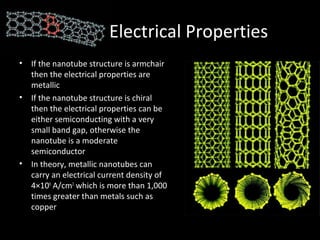 Electrical Properties
• If the nanotube structure is armchair
then the electrical properties are
metallic
• If the nanotube structure is chiral
then the electrical properties can be
either semiconducting with a very
small band gap, otherwise the
nanotube is a moderate
semiconductor
• In theory, metallic nanotubes can
carry an electrical current density of
4×109
A/cm2
which is more than 1,000
times greater than metals such as
copper
 