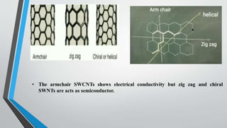 • The armchair SWCNTs shows electrical conductivity but zig zag and chiral
SWNTs are acts as semiconductor.
 