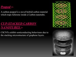 Peapod :-
A carbon peapod is a novel hybrid carbon material
which traps fullerene inside a Carbon nanotube.
CUP-STACKED CARBON
NANOTUBES :-
CSCNTs exhibit semiconducting behaviours due to
the stacking microstructure of graphene layers.
 