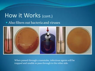 How it Works (cont.)Also filters out bacteria and virusesWhen passed through a nanotube, infectious agents will be trapped and unable to pass through to the other side.