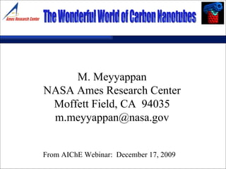 M. Meyyappan NASA Ames Research Center Moffett Field, CA  94035 [email_address] The Wonderful World of Carbon Nanotubes From AIChE Webinar:  December 17, 2009 