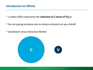Introduction to Offsets1 carbon offset represents the reduction of 1 tonne of CO2-e You are paying someone else to reduce emissions on your behalfCompliance versus Voluntary MarketCV