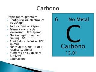 Propiedades generales: 
 Configuración electrónica: 
1s22s22p2 
 Radio atómico: 77pm 
 Primera energía de 
ionización: 1090 kj/mol 
 Electronegatividad de 
Pauling: 2.5 
 Afinidad electrónica: 122 
kj/mol 
 Punto de fusión: 3730 °C 
(grafito sublima) 
 Números de oxidación: - 
4,+2,+4 
 Catenación 
6 No Metal 
C Carbono 
12.01 
 