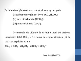Carbono inorgânico ocorre em três formas principais:
(i) carbono inorgânico “livre” (CO2, H2CO3);
(ii) íons bicarbonato (HCO3
-);
(iii) íons carbonato (CO3
2-).
O conteúdo do dióxido de carbono total, ou carbono
inorgânico total (CO2), é a soma das concentrações (c) de
todas as espécies acima:
CO2 = cCO2 + cH2CO3 + cHCO3
- + cCO3
2-
Fonte: MILLERO 1996.
 