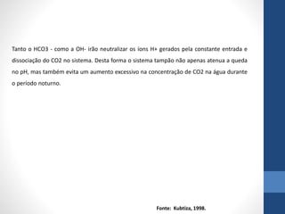 Tanto o HCO3 - como a OH- irão neutralizar os íons H+ gerados pela constante entrada e
dissociação do CO2 no sistema. Desta forma o sistema tampão não apenas atenua a queda
no pH, mas também evita um aumento excessivo na concentração de CO2 na água durante
o período noturno.
Fonte: Kubtiza, 1998.
 