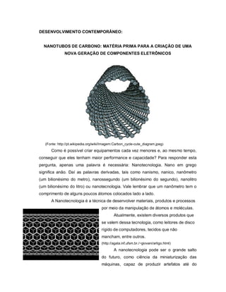 DESENVOLVIMENTO CONTEMPORÂNEO:


  NANOTUBOS DE CARBONO: MATÉRIA PRIMA PARA A CRIAÇÃO DE UMA
               NOVA GERAÇÃO DE COMPONENTES ELETRÔNICOS




   (Fonte: http://pt.wikipedia.org/wiki/Imagem:Carbon_cycle-cute_diagram.jpeg)
      Como é possível criar equipamentos cada vez menores e, ao mesmo tempo,
conseguir que eles tenham maior performance e capacidade? Para responder esta
pergunta, apenas uma palavra é necessária: Nanotecnologia. Nano em grego
significa anão. Daí as palavras derivadas, tais como nanismo, nanico, nanômetro
(um bilionésimo do metro), nanossegundo (um bilionésimo do segundo), nanolitro
(um bilionésimo do litro) ou nanotecnologia. Vale lembrar que um nanômetro tem o
comprimento de alguns poucos átomos colocados lado a lado.
      A Nanotecnologia é a técnica de desenvolver materiais, produtos e processos
                                      por meio da manipulação de átomos e moléculas.
                                              Atualmente, existem diversos produtos que
                                      se valem dessa tecnologia, como leitores de disco
                                      rígido de computadores, tecidos que não
                                      mancham, entre outros.
                                      (http://agata.inf.ufsm.br./~giovani/artigo.html)
                                              A nanotecnologia pode ser o grande salto
                                      do futuro, como ciência da miniaturização das
                                      máquinas, capaz de produzir artefatos até do
 