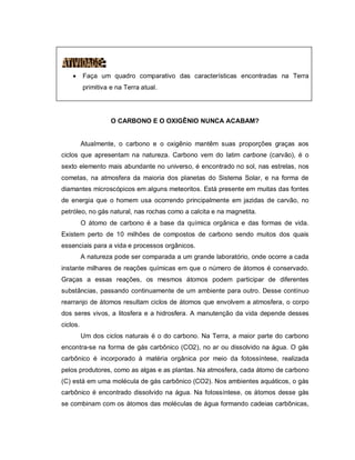      Faça um quadro comparativo das características encontradas na Terra
          primitiva e na Terra atual.




                    O CARBONO E O OXIGÊNIO NUNCA ACABAM?


          Atualmente, o carbono e o oxigênio mantêm suas proporções graças aos
ciclos que apresentam na natureza. Carbono vem do latim carbone (carvão), é o
sexto elemento mais abundante no universo, é encontrado no sol, nas estrelas, nos
cometas, na atmosfera da maioria dos planetas do Sistema Solar, e na forma de
diamantes microscópicos em alguns meteoritos. Está presente em muitas das fontes
de energia que o homem usa ocorrendo principalmente em jazidas de carvão, no
petróleo, no gás natural, nas rochas como a calcita e na magnetita.
          O átomo de carbono é a base da química orgânica e das formas de vida.
Existem perto de 10 milhões de compostos de carbono sendo muitos dos quais
essenciais para a vida e processos orgânicos.
          A natureza pode ser comparada a um grande laboratório, onde ocorre a cada
instante milhares de reações químicas em que o número de átomos é conservado.
Graças a essas reações, os mesmos átomos podem participar de diferentes
substâncias, passando continuamente de um ambiente para outro. Desse contínuo
rearranjo de átomos resultam ciclos de átomos que envolvem a atmosfera, o corpo
dos seres vivos, a litosfera e a hidrosfera. A manutenção da vida depende desses
ciclos.
          Um dos ciclos naturais é o do carbono. Na Terra, a maior parte do carbono
encontra-se na forma de gás carbônico (CO2), no ar ou dissolvido na água. O gás
carbônico é incorporado à matéria orgânica por meio da fotossíntese, realizada
pelos produtores, como as algas e as plantas. Na atmosfera, cada átomo de carbono
(C) está em uma molécula de gás carbônico (CO2). Nos ambientes aquáticos, o gás
carbônico é encontrado dissolvido na água. Na fotossíntese, os átomos desse gás
se combinam com os átomos das moléculas de água formando cadeias carbônicas,
 