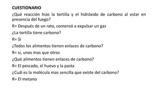 CUESTIONARIO
¿Qué reacción hizo la tortilla y el hidróxido de carbono al estar en
presencia del fuego?
R= Después de un rato, comenzó a expulsar un gas
¿La tortilla tiene carbono?
R= Si
¿Todos los alimentos tienen enlaces de carbono?
R= si, unos mas que otros
¿Qué alimentos tienen enlaces de carbono?
R= El pescado, el huevo y la pasta
¿Cuál es la molécula mas sencilla que existe del carbono?
R= El metano
 