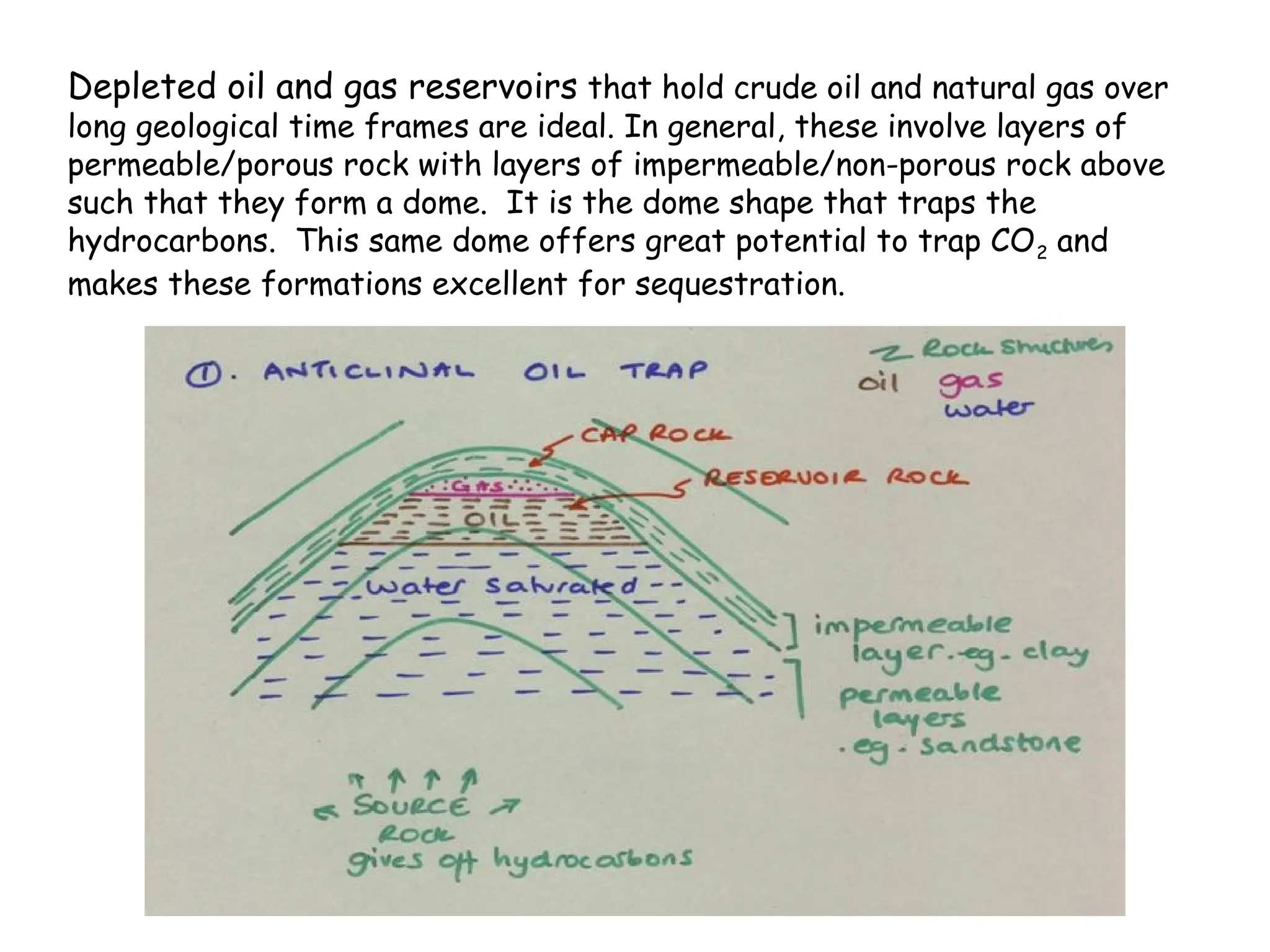 Depleted oil and gas reservoirs that hold crude oil and natural gas over
long geological time frames are ideal. In general, these involve layers of
permeable/porous rock with layers of impermeable/non-porous rock above
such that they form a dome. It is the dome shape that traps the
hydrocarbons. This same dome offers great potential to trap CO2 and
makes these formations excellent for sequestration.
 