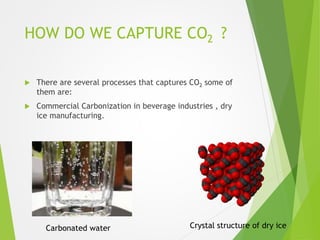 HOW DO WE CAPTURE CO2 ?
 There are several processes that captures CO2 some of
them are:
 Commercial Carbonization in beverage industries , dry
ice manufacturing.
Crystal structure of dry iceCarbonated water
 