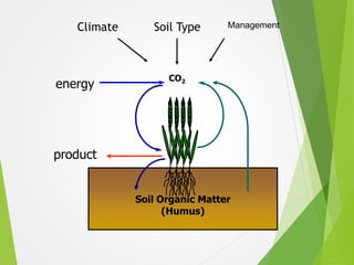 Soil Organic Matter
(Humus)
CO2
product
energy
Climate ManagementSoil Type
 