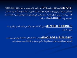 (
E 7018
)
‫یه‬ ‫ش‬ ‫الکترود‬ ‫ترکیذ‬
7016
‫داشتن‬ ‫دلیل‬ ‫به‬ ‫تفاوت‬ ‫این‬ ‫با‬ ‫باشد‬‫می‬
25
%
‫تا‬
45
%
‫د‬‫ر‬‫دا‬ ‫ا‬‫ر‬ ‫قبولی‬‫قابل‬ ‫نفوذ‬‫وعمق‬ ‫باالتر‬‫سوب‬‫ر‬ ‫نرخ‬ ‫پوشش‬‫در‬ ‫آهن‬ ‫پودر‬
.
‫س‬ ‫جوش‬ ‫ال‬ ‫همچنین‬
‫تر‬‫اده‬
‫است‬ ‫مقعر‬ ‫اندکی‬ ‫جوش‬ ‫و‬‫شود‬ ‫می‬ ‫گنده‬
.
‫اس‬ ‫قابل‬ ‫موقعیتها‬ ‫همه‬ ‫ای‬‫ر‬‫وب‬ ‫برد‬‫ر‬‫کا‬ ‫پر‬‫سسیار‬
‫است‬‫تفاده‬
.
‫جریان‬ ‫هردو‬ ‫با‬
AC &DCEP
‫کند‬ ‫می‬ ‫کار‬
.
(E 7018-C & E8018-C)
‫ای‬‫ر‬‫دا‬
5/2
‫تا‬
9
‫دما‬ ‫برد‬‫ر‬‫کا‬ ‫ای‬‫ر‬‫ب‬ ‫که‬ ‫باشند‬ ‫می‬ ‫نیکل‬‫صد‬‫ر‬‫د‬
‫ند‬ ‫مناس‬ ‫پایین‬
.
(E10018-D2 & E10016-D2)
‫ای‬‫ر‬‫دا‬
75/1
%
‫و‬‫منگنز‬
35/0
%
‫باشند‬ ‫می‬ ‫مولیبدن‬
.
‫از‬‫بیشتر‬‫کربن‬ ‫با‬ ‫باال‬‫استحکام‬ ‫های‬‫ده‬‫ر‬ ‫ی‬‫جوشکار‬ ‫ای‬‫ر‬‫ب‬‫که‬
35/0
%
‫ند‬‫ر‬‫دا‬ ‫مصرف‬ ‫د‬‫ر‬‫مو‬
.
 