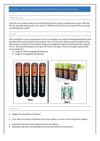 SOLUTION 1–REPLACE AABATTERIES WITH USB RECHARGABLE BATTERIES
	
CURRENT SITUATION
Currently,	the	company	uses	4	units	of	AA	batteries	which	need	be	replaced	twice	a	year.	With	the	
life	of	a	maxi	light	being	5	years,	this	results	in	7030	kg	of	CO2	emissions	during	the	life	cycle	which	
can	definitely	be	avoided.	
	
SOLUTION
Since	maxi	light	is	used	in	emergencies	and	not	in	everyday	use,	usage	of	rechargeable	batteries	will	
not	affect	the	functional	utility	of	the	product.	This	is	a	short-term	measure	and	will	reduce	the	kg	
CO2	emissions	of	the	firm	immediately.	Usage	of	rechargeable	batteries	will	eliminate	the	usage	of	
4*2*5	=	40	units	of	AA	batteries	during	the	life	of	the	maxi	light.	There	are	broadly	2	options	that	
may	be	explored	–	
1) Usage	of	USB	rechargeable	AA	batteries	
2) Usage	of	rechargeable	AA	batteries	
	
	
	
	
ASSUMPTIONS
• Weight	of	a	AA	battery	is	23	grams	
	
• Time	taken	for	delivery	of	batteries	from	new	suppliers	is	similar	to	that	of	previous	supplier	
	
• Inventory	costs	will	remain	constant	for	the	new	battery	
• Manufacturing	costs	and	handling	time	remain	the	same	for	new	batteries	
	
 