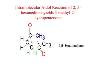 Intramolecular Aldol Reaction of 2, 5-
hexanedione yields 3-methyl-2-
cyclopentenone
a
C
H
H
H H
C
O
H H O
C
C
C
C 3
3 2,5- Hexanedione
b
 
