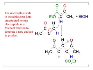 The nucleophile adds
to the alpha,beta-keto
unsaturated ketone
electrophile in a
Michael reaction to
generate a new enolate
as product.
EtO
C
O
C
C
O
CH3
H
-
EtOH
C
H
C
C
H3
C H
O
C
H3C C
C
H H
C
HH
CO2Et
C
CH3
OO
.. +
..
 