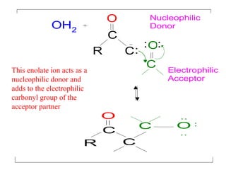 C
O
C
C O
R
:
..
..
R
C
O
C
OH2
C
O:
: :
Electrophilic
Acceptor
Nucleophilic
Donor
This enolate ion acts as a
nucleophilic donor and
adds to the electrophilic
carbonyl group of the
acceptor partner
 