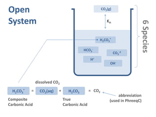 H2CO3
*
HCO3
-
CO3
-2
OH-
H+
CO2(g)
Open
System
6Species
H2CO3
*
Composite
Carbonic Acid
= + = CO2CO2(aq) H2CO3
dissolved CO2
True
Carbonic Acid
KH
abbreviation
(used in PhreeqC)
 
