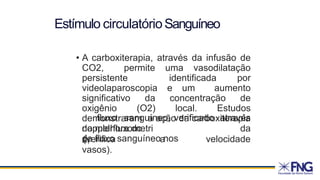 Estímulo circulatórioSanguíneo
• A carboxiterapia, através da infusão de
CO2, permite uma vasodilatação
persistente identificada por
videolaparoscopia e um aumento
significativo da concentração de
oxigênio (O2) local. Estudos
demonstraram a ação da carboxiterapia
na melhora do
dopplerfluxometri
a,
fluxo sanguíneo, verificado através
da
(verifica a velocidade
de fluxo sanguíneo nos
vasos).
 
