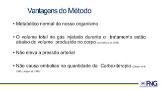 Vantagensdo Método
• Metabólico normal do nosso organismo
• O volume total de gás injetado durante o tratamento estão
abaixo do volume produzido no corpo (carvalho et al, 2015)
• Não eleva a pressão arterial
• Não causa embolias na quantidade da Carboxiterapia (Zwaan et al,
1996; Lang et al, 1999).
 