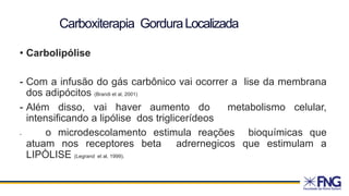 Carboxiterapia GorduraLocalizada
• Carbolipólise
- Com a infusão do gás carbônico vai ocorrer a lise da membrana
dos adipócitos (Brandi et al, 2001)
- Além disso, vai haver aumento do metabolismo celular,
intensificando a lipólise dos triglicerídeos
- o microdescolamento estimula reações bioquímicas que
atuam nos receptores beta adrernegicos que estimulam a
LIPÒLISE (Legrand et al, 1999).
 