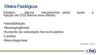 EfeitosFisiológicos
Existem alguns mecanismos pelos quais a
injeção de CO2 exerce seus efeitos:
•Vasodilatação
•Neoangiogênese
•Aumento da velocidade microcirculatória
•Lipólise
•Neocolagenase
(worthington, A Lopez)
 