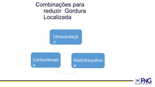 Ultracavitaçã
o
Radiofrequênci
a
Carboxiterapi
a
Combinações para
reduzir Gordura
Localizada
 