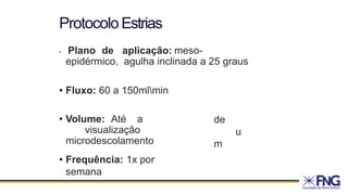• Plano de aplicação: meso-
epidérmico, agulha inclinada a 25 graus
• Fluxo: 60 a 150mlmin
• Volume: Até a
visualização
microdescolamento
de
u
m
• Frequência: 1x por
semana
ProtocoloEstrias
 