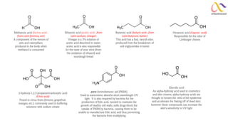 para-Aminobenzoic aid (PABA)
Used in sunscreens; absorbs short-wavelength UV
light. It is also required by bacteria for the
production of folic acid, needed to maintain the
growth of healthy cell walls; sulfa drugs block the
uptake of PABA by bacteria, causing them to be
unable to manufacture folic acid, and thus preventing
the bacteria from multiplying
2-hydroxy-1,2,3-propanetricarboxylic acid
(Citric acid)
Found in citrus fruits (lemons, grapefruit,
oranges, etc.); commonly used in buffering
solutions with sodium citrate
H OH
O
C
H3 OH
O
OH
O
C
H3
Methanoic acid (formic acid ;
from Latin formica, ant)
A component of the venom of
ants and caterpillars;
produced in the body when
methanol is consumed
Ethanoic acid (acetic acid ; from
Latin acetum, vinegar)
Vinegar is a 5% solution of
acetic acid dissolved in water;
acetic acid is also responsible
for the taste of sour wine (from
the oxidation of ethanol) and
sourdough bread
Butanoic acid (butyric acid ; from
Latin butyrum, butter)
This acid has a foul, rancid odor;
produced from the breakdown of
soft triglycerides in butter
Glycolic acid
An alpha-hydroxy acid used in cosmetics
and skin creams; alpha-hydroxy acids are
thought to loosen the cells of the epidermis
and accelerate the flaking off of dead skin;
however these compounds can increase the
skin's sensitivity to UV light
OH
O
Hexanoic acid (Caproic acid)
Responsible for the odor of
Limburger cheese
OH
O
O
H
O OH
OH
O
OH
O
N
H2
O
H
OH
O
 
