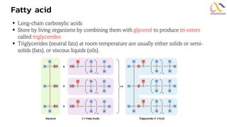 Fatty acid
▪ Long-chain carboxylic acids
▪ Store by living organisms by combining them with glycerol to produce tri-esters
called triglycerides
▪ Triglycerides (neutral fats) at room temperature are usually either solids or semi-
solids (fats), or viscous liquids (oils).
 