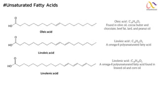 #Unsaturated Fatty Acids
Oleic acid ; C18H34O2
Found in olive oil, cocoa butter and
chocolate, beef fat, lard, and peanut oil
Linolenic acid ; C18H30O2
A omega-6 polyunsaturated fatty acid found in
linseed oil and corn oil
Linoleic acid ; C18H32O2
A omega-6 polyunsaturated fatty acid
 