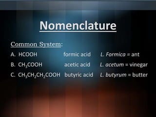 Nomenclature
Common System:
A. HCOOH formic acid L. Formica = ant
B. CH3COOH acetic acid L. acetum = vinegar
C. CH3CH2CH2COOH butyric acid L. butyrum = butter
 
