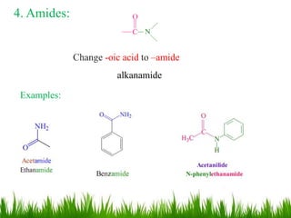 4. Amides:
Change -oic acid to –amide
alkanamide
Examples:
26
 