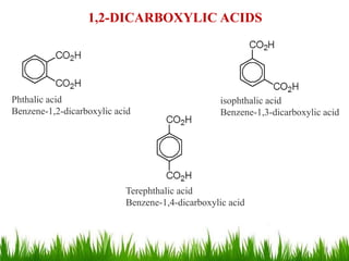 1,2-DICARBOXYLIC ACIDS
Phthalic acid
Benzene-1,2-dicarboxylic acid
isophthalic acid
Benzene-1,3-dicarboxylic acid
Terephthalic acid
Benzene-1,4-dicarboxylic acid
9
 