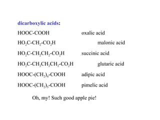 dicarboxylic acids:
HOOC-COOH

oxalic acid

HO2C-CH2-CO2H
HO2C-CH2CH2-CO2H

malonic acid
succinic acid

HO2C-CH2CH2CH2-CO2H

glutaric acid

HOOC-(CH2)4-COOH

adipic acid

HOOC-(CH2)5-COOH

pimelic acid

Oh, my! Such good apple pie!

 