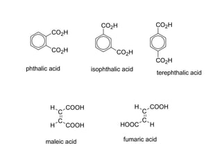 CO2H
CO2H

CO2H

CO2H

CO2H
CO2H

phthalic acid

H
H

C
C

isophthalic acid

terephthalic acid

COOH

H

COOH

HOOC

maleic acid

C
C

COOH
H

fumaric acid

 