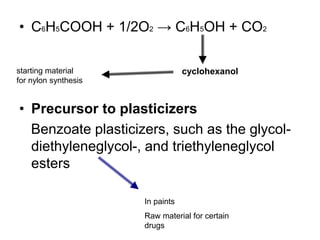 • C6H5COOH + 1/2O2 → C6H5OH + CO2
• Precursor to plasticizers
Benzoate plasticizers, such as the glycol-
diethyleneglycol-, and triethyleneglycol
esters
cyclohexanolstarting material
for nylon synthesis
In paints
Raw material for certain
drugs
 