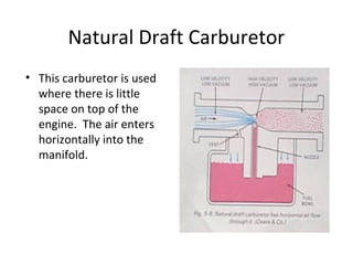 Natural Draft Carburetor
• This carburetor is used
where there is little
space on top of the
engine. The air enters
horizontally into the
manifold.
 