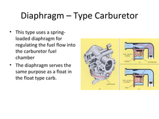 Diaphragm – Type Carburetor
• This type uses a spring-
loaded diaphragm for
regulating the fuel flow into
the carburetor fuel
chamber
• The diaphragm serves the
same purpose as a float in
the float type carb.
 