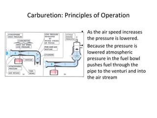 Carburetion: Principles of Operation
• As the air speed increases
the pressure is lowered.
• Because the pressure is
lowered atmospheric
pressure in the fuel bowl
pushes fuel through the
pipe to the venturi and into
the air stream
 