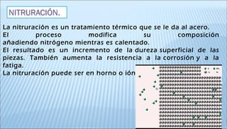 La nitruración es un tratamiento térmico que se le da al acero.
El proceso modifica su composición
añadiendo nitrógeno mientras es calentado.
El resultado es un incremento de la dureza superficial de las
piezas. También aumenta la resistencia a la corrosión y a la
fatiga. 
La nitruración puede ser en horno o iónica.
 