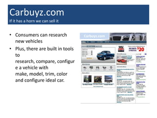 Carbuyz.com
If it has a horn we can sell it


• Consumers can research           Carbuyz.com
  new vehicles
• Plus, there are built in tools
  to
  research, compare, configur
  e a vehicle with
  make, model, trim, color
  and configure ideal car.
 