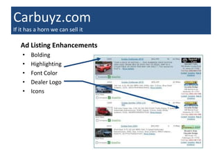 Carbuyz.com
If it has a horn we can sell it

   Ad Listing Enhancements
    •   Bolding
    •   Highlighting
    •   Font Color
    •   Dealer Logo
    •   Icons
 